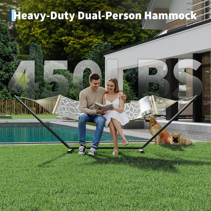 Double Hammock with Stand - Heavy Duty Portable 2 Person Design with Adjustable Steel Stand, Max 450LBS, Ideal for Outdoor Patio, Garden, Beach & Backyard