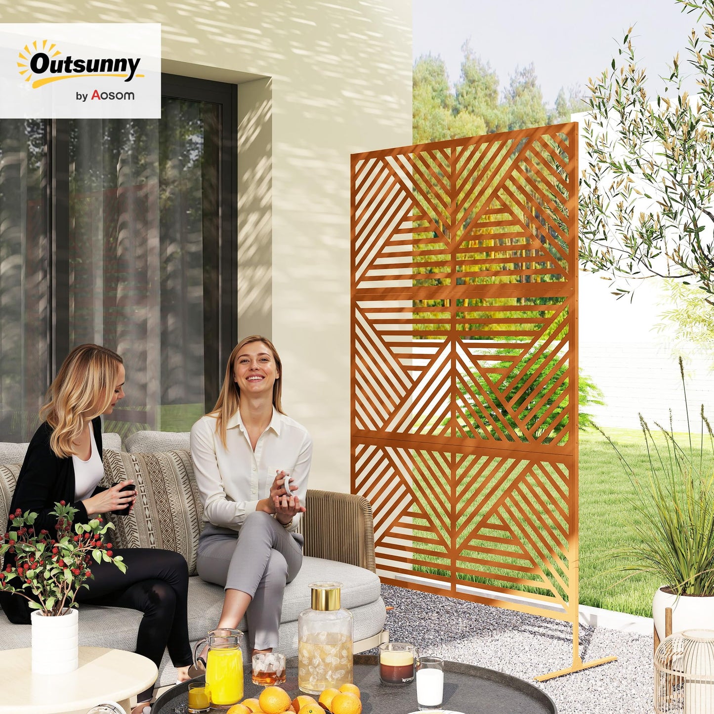 Outsunny Metal Outdoor Privacy Screen, 78" H x 48" W Decorative Privacy Fence Screen, Freestanding Outdoor Divider with Stand, Climbing Plant Trellis for Garden Walkway, Balcony, Patio, Rhombus Brown