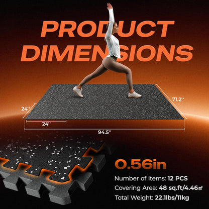 SUPERJARE 0.56'' Thick 12 Pcs 48 Sq Ft Rubber Top Exercise Equipment Mats, High Density EVA Foam Mats with Rubber Top, Interlocking Gym Flooring for Home Gym, Protective Workout Mat, Black/Grey