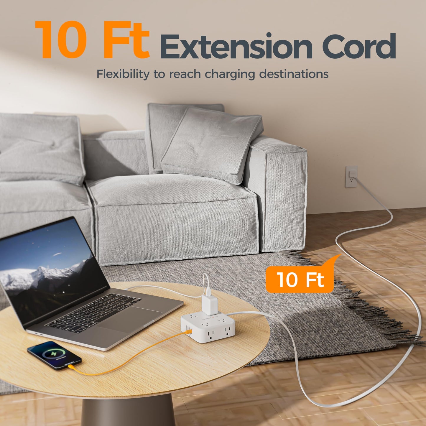 TESSAN Surge Protector Power Strip, 5 Ft Flat Plug Extension Cord with 3 USB (1 USB C) 8 Outlets, 900J Surge Protection, 3 Sided Outlet Extender with Power Switch for Office, Dorm Room Essentials