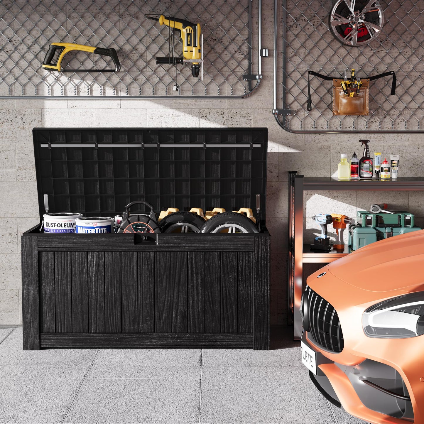 Greesum Outdoor Storage Box 120 Gallon Storage Bin with Lid for Patio Furniture, Garden Tools, Pool Supplies, Lockable, Waterproof and UV Resistant, Black