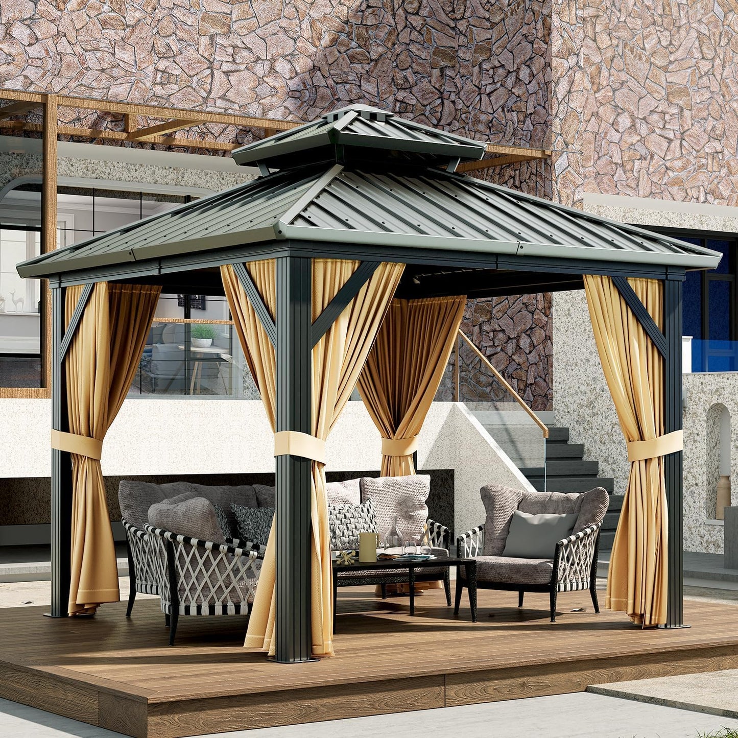 10x10 ft Hardtop Gazebo with Galvanized Steel Double Roof, Heavy Duty Galvanised Steel Hardtop Pavilion with Nettings and Curtains for Party, Wedding, Outdoor Dining, Patio, Backyard