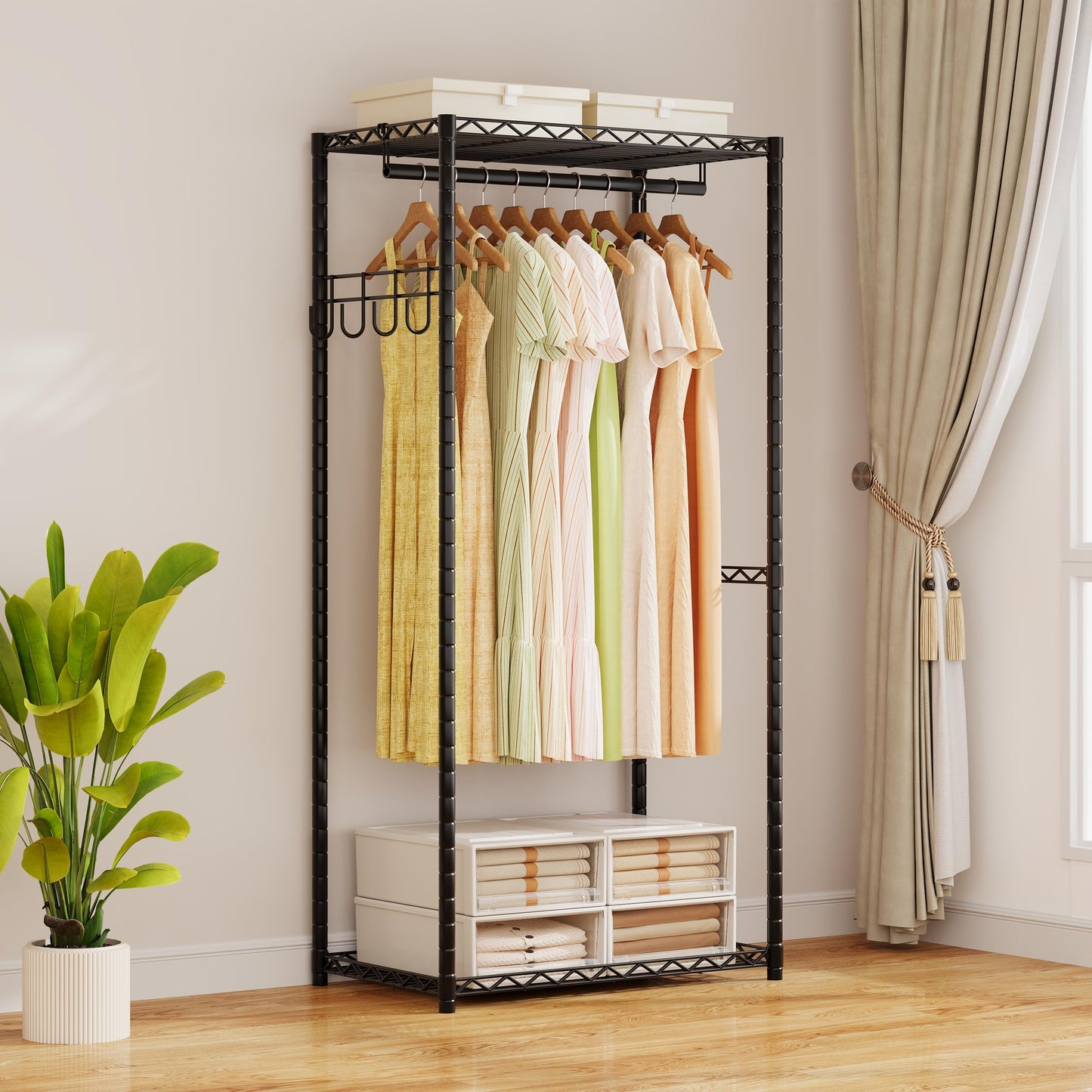 ecobedding Heavy Duty Garment Rack, 900LBS Max Load Freestanding Closet Organizer with 6 Storage Shelves & 3 Adjustable Hanging Rods, Multifunctional (Black, 15.75" D x (69.7~88.2)" W x 79.5" H)