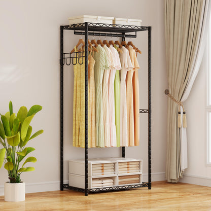 ecobedding Heavy Duty Garment Rack, 900LBS Max Load Freestanding Closet Organizer with 6 Storage Shelves & 3 Adjustable Hanging Rods, Multifunctional (Black, 15.75" D x (69.7~88.2)" W x 79.5" H)