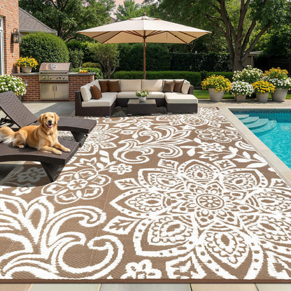 Findosom Waterproof Outdoor Rug 9' x 18' - Reversible Mandala Outdoor Plastic Straw Rug, Durable Foldable Patio Rug for RV, Deck, Balcony, Backyard, Picnic, Porch, Camping, Beach, Brown