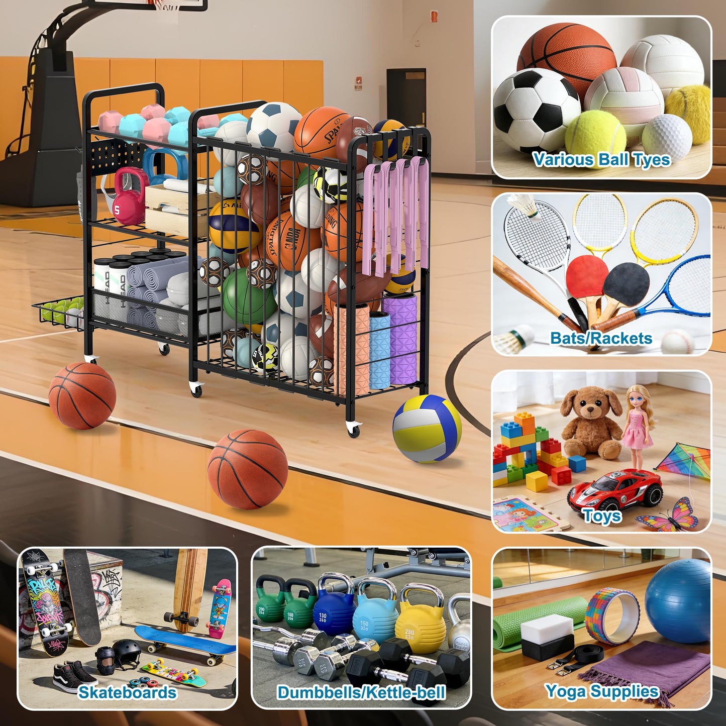 DUDUXI Sports Equipment Garage Organizer,Garage Ball Storage Rack for Sports with Wheels-Upgraded 3 Layers Organizer Rack Outdoor Basketball Racks for Balls with Holder and Hooks (Deep Black)