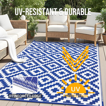 OLANLY Waterproof Outdoor Rug 9x18 ft, Outdoor Plastic Straw Rug for Camping, RV Mat Outside, Outdoor Carpet for Porch, Deck, Backyard, Balcony, Picnic, Blue & White