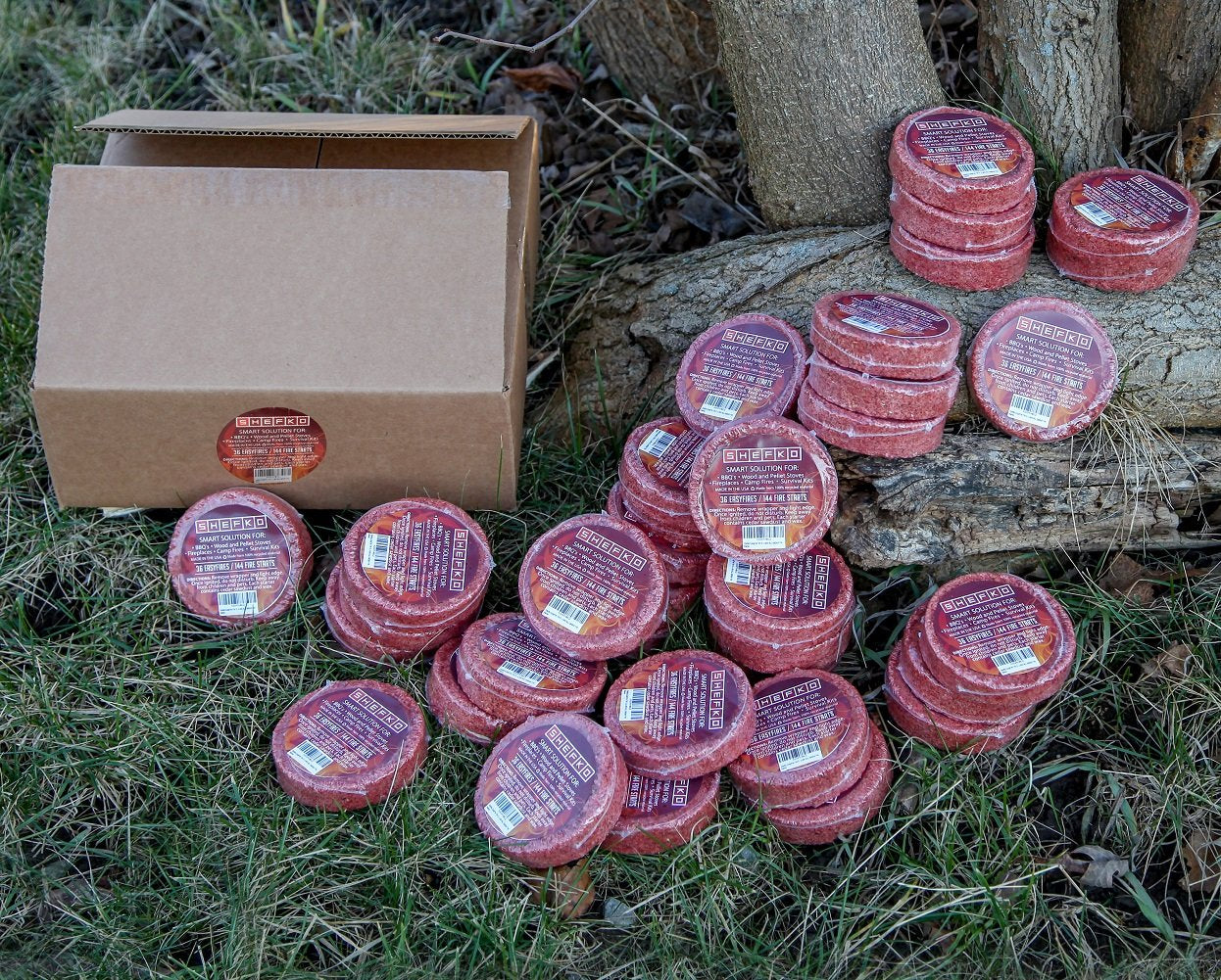 Shefko EasyFire Fire Starters with 30-min. Burn-time Guarantee – Natural Cedar Scent, Clean, All-Weather Quick Flame – 36 Pucks / 144 Fire Starts- Camping Essentials And Emergency Kit / Survival Solution