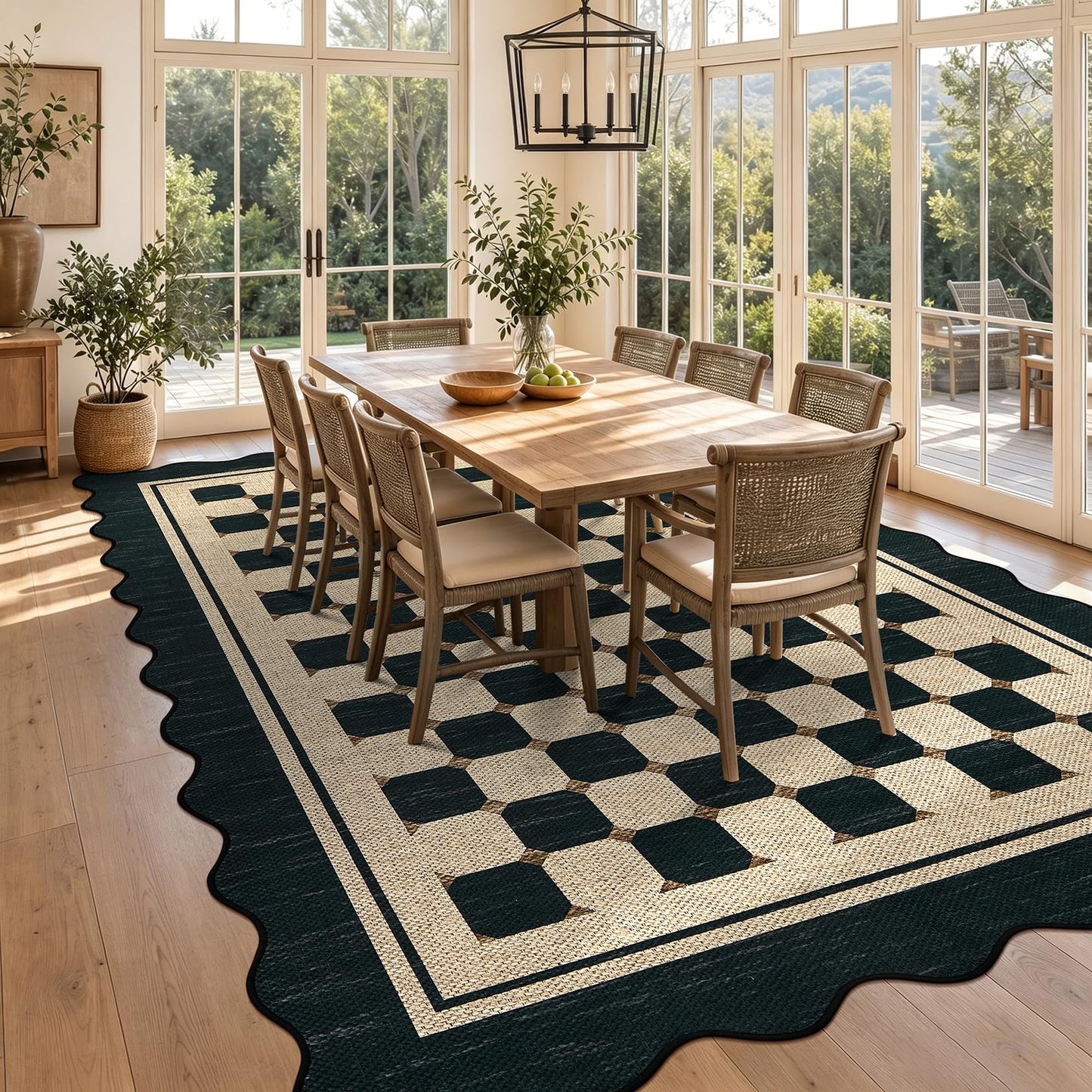 Garvee Easy Jute 9x12 Large Area Rug for Living Room Scalloped Checkered Black Indoor Outdoor Rugs Non Slip Low Pile Patio Outdoor Rugs Washable Carpet for Porch Bedroom Living Room Backyard, 9'x12'