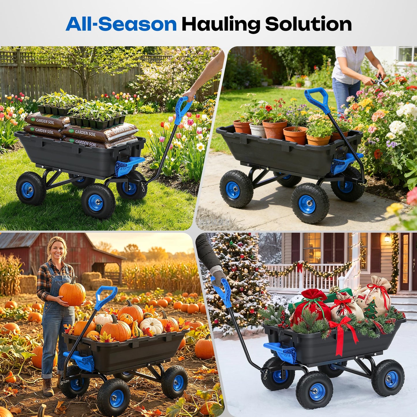 Ultym Garden Dump Cart 900Lbs, 2026 Upgraded Heavy Duty Wheelbarrow Dump Wagon with 10" Non-Slip Pneumatic Tires & Quick-Release Dumping, 4-Wheel Steel Frame Utility Carts for Yard,Farm and Garden