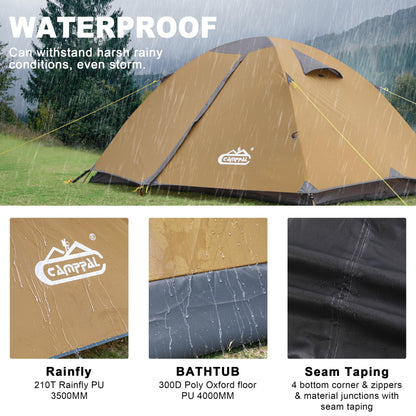 2 Person Backpacking Tent, Waterproof Windproof Two Person Tent, Lightweight Easy Setup 2 Man Tent for Camping, Hiking, Biking, Cycling, Motorbiking, Mountaineering - Khaki