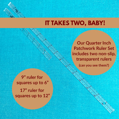 Madam Sew Exclusive | Quarter-Inch Patchwork Sewing Ruler Set | Includes 9" and 17" Quilting Rulers for Precise Marking and Measuring | ¼, ½, and 1" from Each Side | Non-Slip Coating Grips Fabric