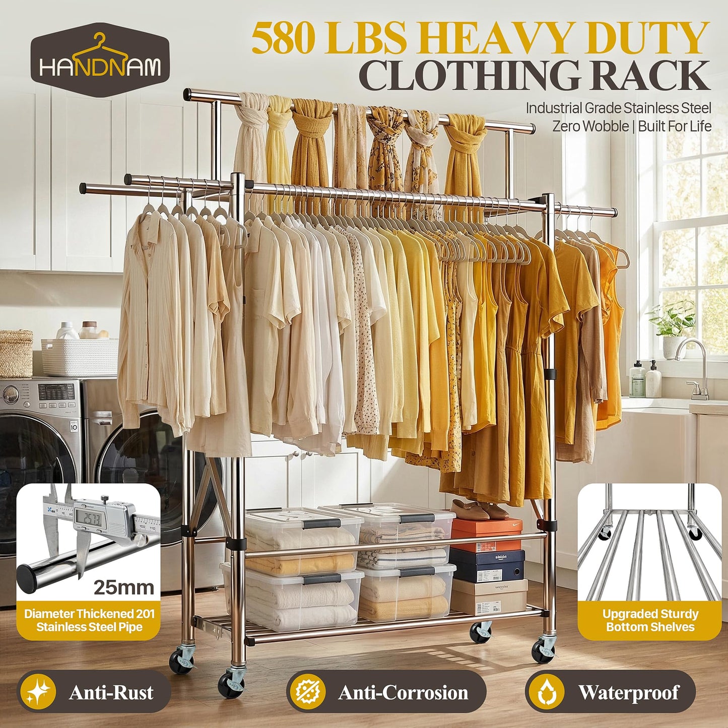 Heavy Duty Clothes Rack Load 620 LBS Foldable, Triple Rod Rolling Garment Rack for Hanging Clothes with Sturdy Wheels & Shelves, Adjustable ＆ Portable Commercial Clothing Rack with Lockable Wheels