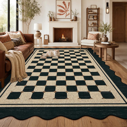 Garvee Easy Jute 9x12 Large Area Rug for Living Room Scalloped Checkered Black Indoor Outdoor Rugs Non Slip Low Pile Patio Outdoor Rugs Washable Carpet for Porch Bedroom Living Room Backyard, 9'x12'
