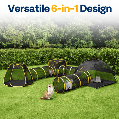 VIVOHOME 6-in-1 Outdoor Cat Enclosure with Playhouse, 2 Tents & 3 Tunnels - Portable Cat Playground with Leash and Mint Ball for Indoor/Outdoor Use, Yard Balcony Camping Safety
