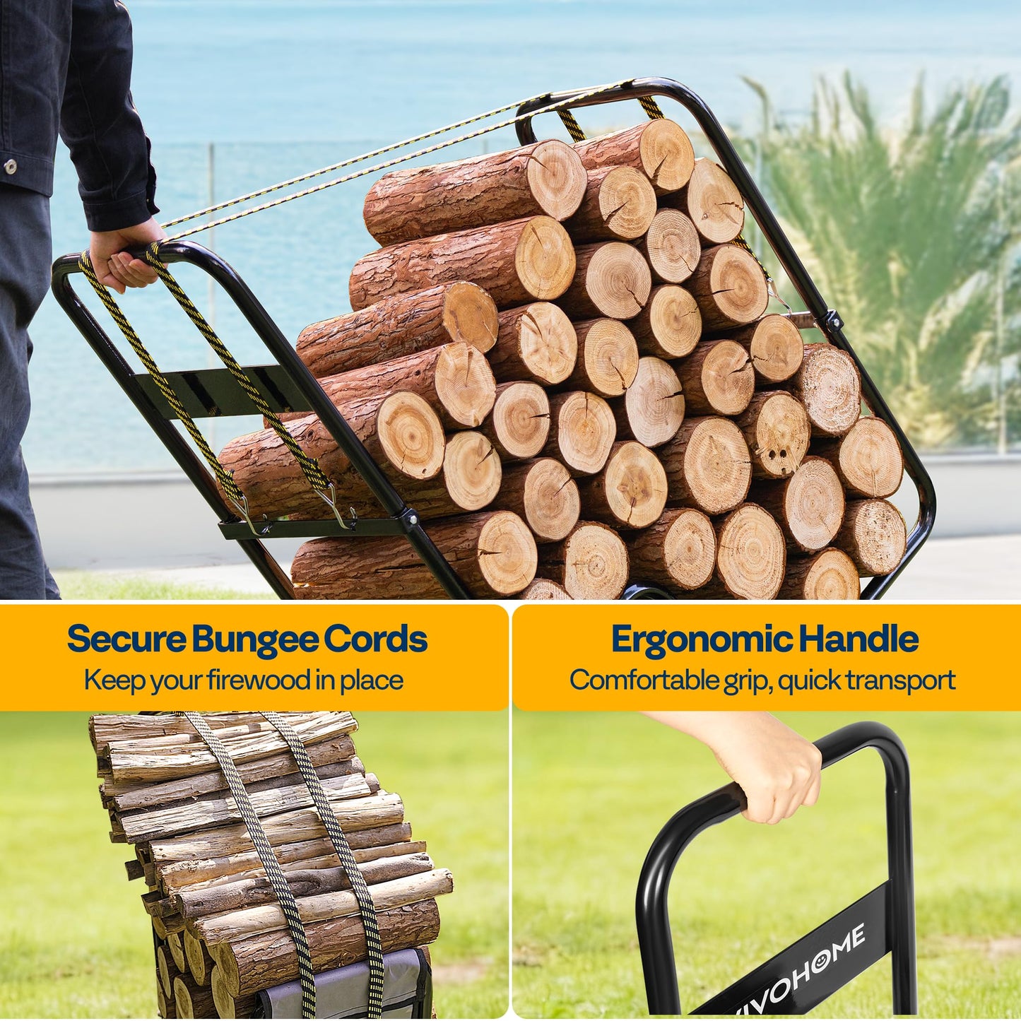 VIVOHOME Firewood Cart with Rubber Wheels and 600D Oxford Cloth, X-Large 300 LB Log Carrier, with VIVOHOME 41 Inches Firewood Log Rack Hoop with Cover, Fire Wood Storage Rack and Cover Set with Zipper
