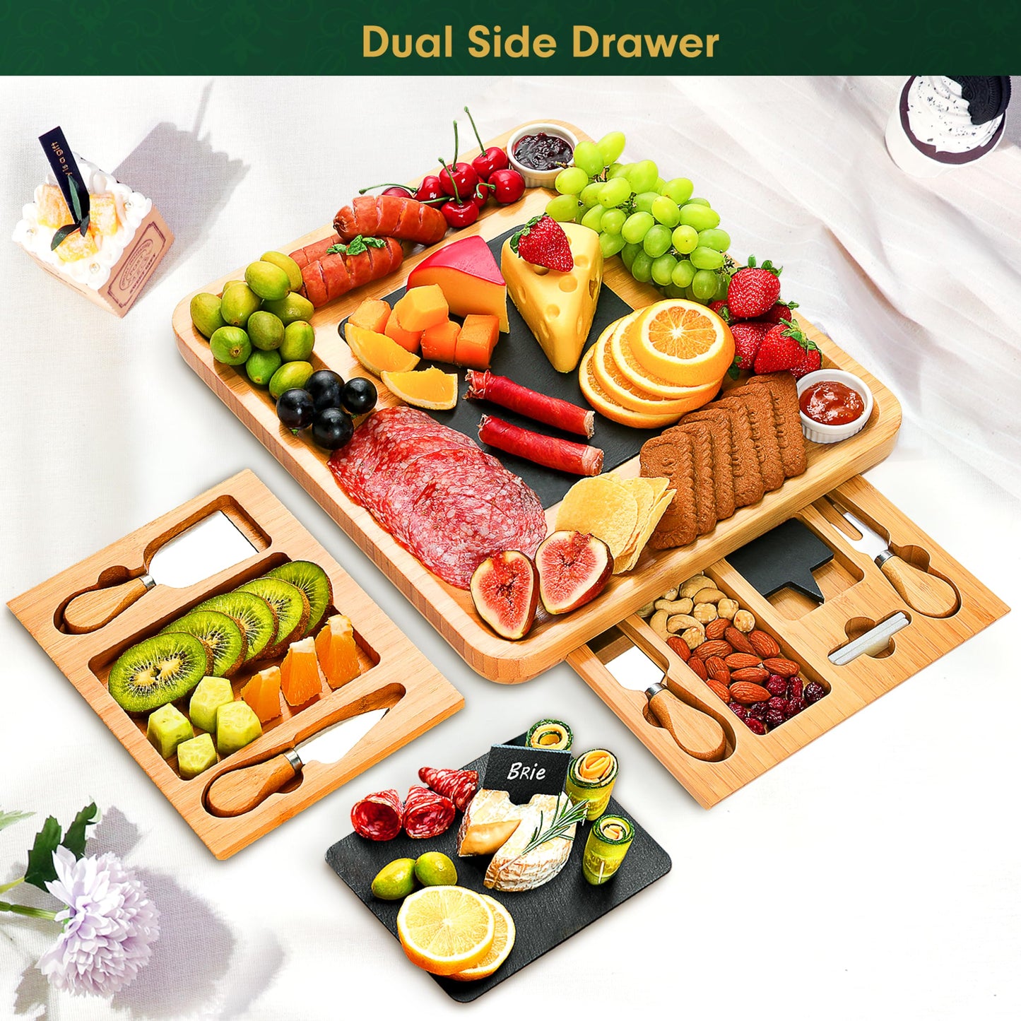 Easoger Large Bamboo Charcuterie Boards, Cheese Platter with 2 Drawers, Serving Knife, 2 Ceramic Bowl - Unique Housewarming, Wedding and Bridal Gift