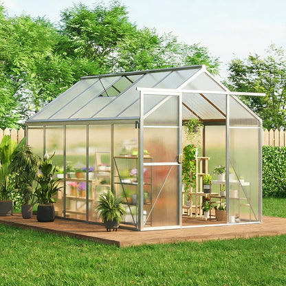 6X10 FT Greenhouse, Greenhouses for Outside, Aluminum Frame Polycarbonate Panels with Sliding Lockable Door and Ajustable Roof Vent, Spacious Walk-in Design for Backyard, Garden, Patio, Silver