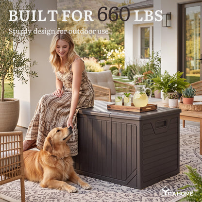 YITAHOME XXL 300 Gallon Extra Large Outdoor Deck Box, Lockable Resin Double-Wall Storage Box and Waterproof Patio Furniture Bin for Garden Tools & Pool Accessories, Brown