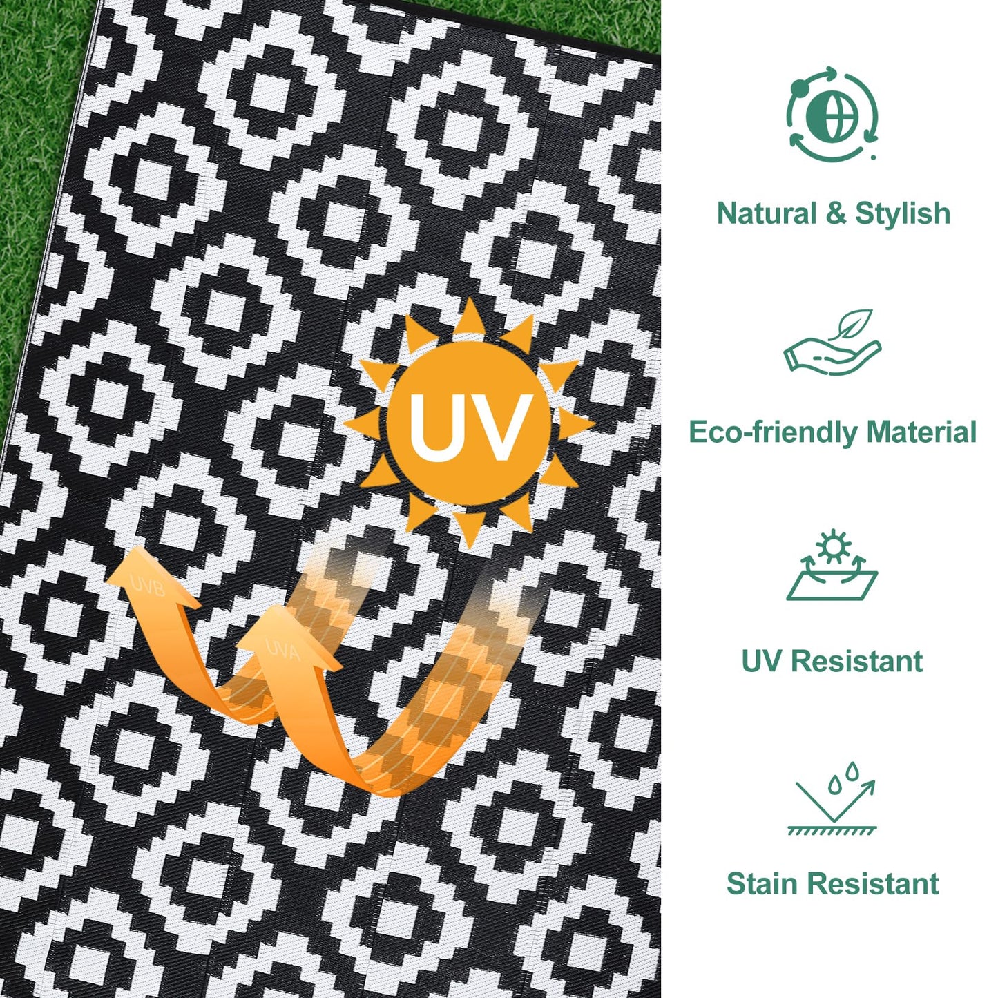 GlowSol Waterproof Outdoor Rug 9x18 Reversible Outdoor Plastic Straw Rug Camping RV Carpet Outside Modern Geometric Foldable Patio Mat for Porch,Deck,Backyard,Balcony,Picnic,Beach,Black White