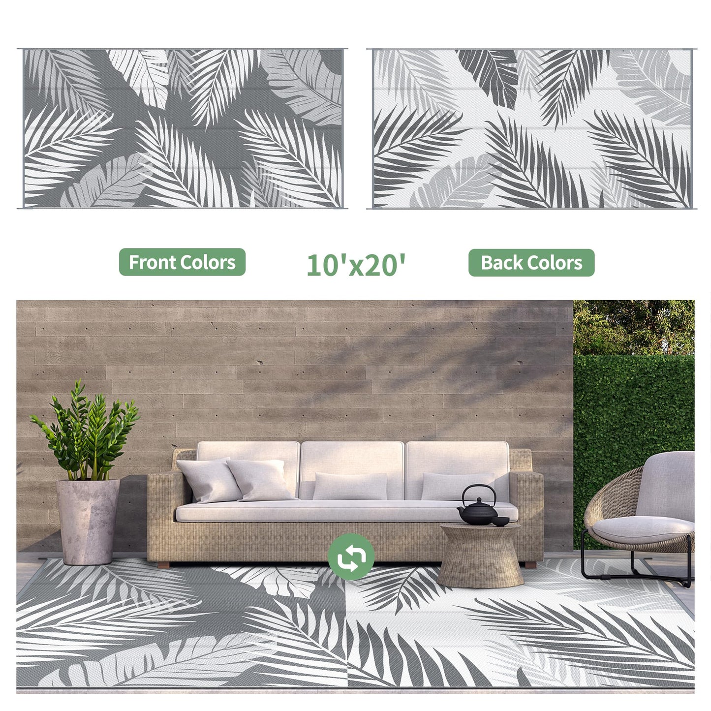 GENIMO Outdoor Rug 10' x 20' Waterproof for Patios Clearance, Reversible Outdoor Plastic Straw Camping Rug Carpet, Large Area Rugs Mats for RV, Camper, Deck, Balcony, Porch, Beach, Picnic, Grey&White