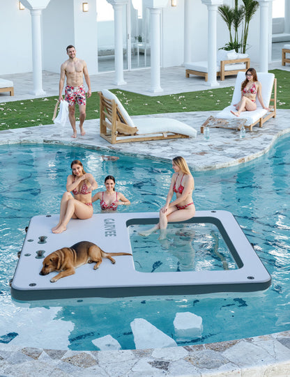 Inflatable Floating Island 10x10FT - with 4 * 7ft Trampoline Mesh Pool & Detachable Ladder - Portable Water Dock for Beach, Pool, Lake - Non-Slip Surface + Storage Bag