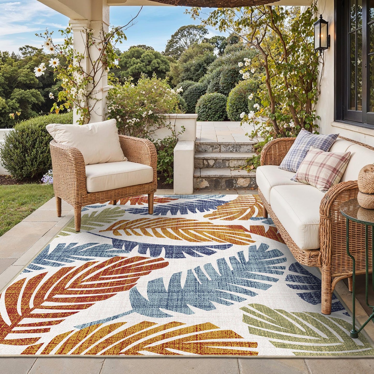 GENIMO Outdoor & Indoor Area Rug 8'x10', Waterproof, Non-Shedding, Easy Cleaning, Leaf Mat for Patio, Living Room, Balcony, Dining Room, RV, Deck, Bedroom, Camping, Outside Carpet, Rust Navy