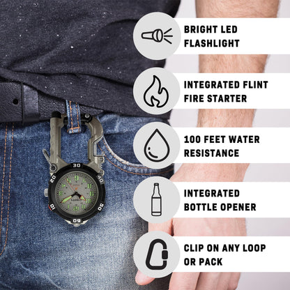 Dakota Flint Clip-On Survival Watch – Outdoor Tool with Flint Fire Starter, LED Flashlight & Bottle Opener – Silver