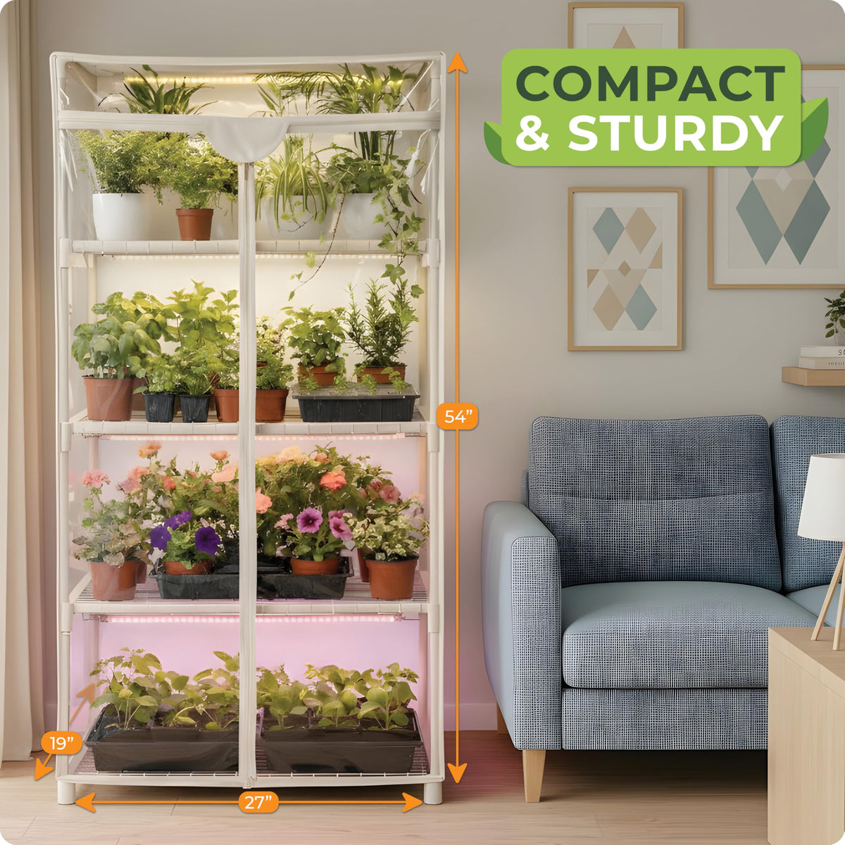 Carpathen Indoor Greenhouse with Grow Light - 4 Tiers 27.2"L x 19.3"W x 54"H with 2 Heat Mats and 4 Dimmable 15W Full Spectrum LED Light Strips w Spectrum Control - Mini Greenhouse with Zip PVC Cover