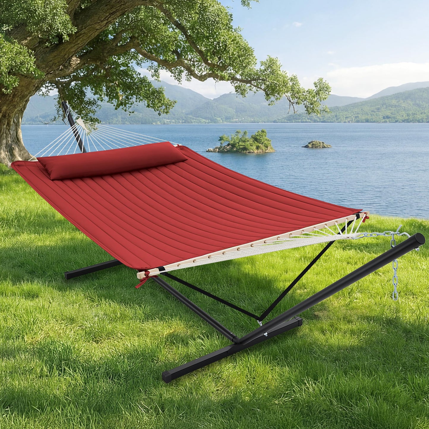 SUPERJARE 12ft Double Hammock with Stand, Rope Hammock for 2 Person, Detachable Hammock Bed and Pillow, Portable, Anti-Tip Safety Ropes, Carry Bag, Outdoor Backyard Patio Camping, Burgundy