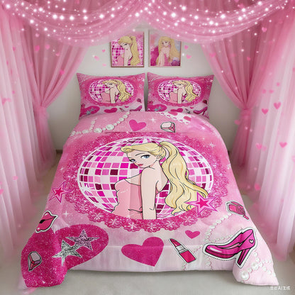 Pink Girly Princess Kids Comforter Set Full Size,High-heeled Shoes Lip Bowknot Romantic Bedding Set,Beauty Girls Room Decor,Glitter Sequin Diamond Down Comforter,Dreamy Duvet Insert,2 Pillowcases