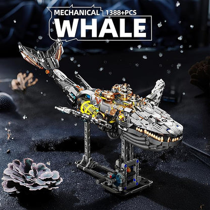 1388-PCS Mechanical Whale Building Blocks Set with LED Light Movable Linkage Gears Display Stand - Ocean Building Blocks for Adults Teens Kids Age 12+