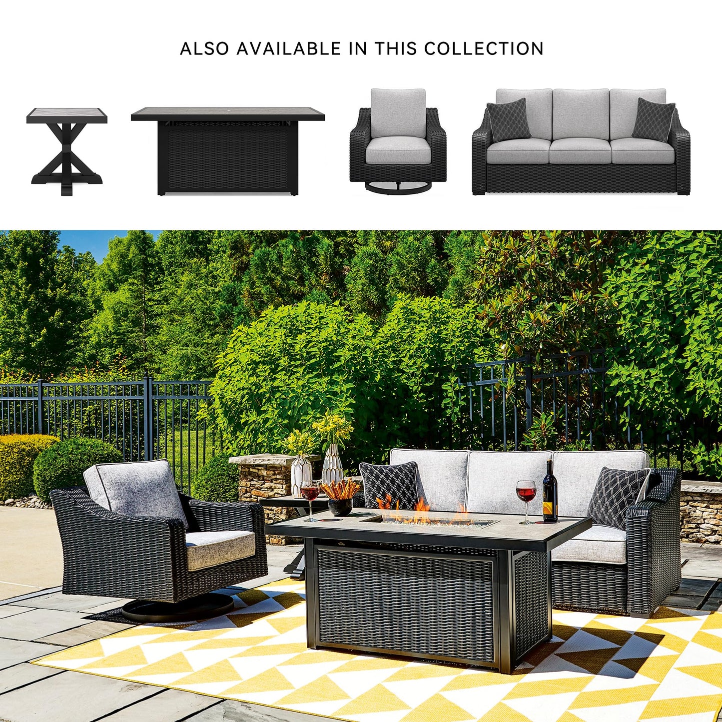 Signature Design by Ashley Beachcroft Casual Weather and Rust Resistant Battery-Operated Outdoor Fire Pit Table with Adjustable Flame Control and Protective Cover, Black & Light Gray