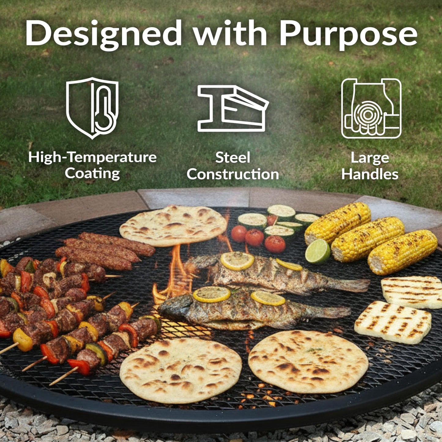 Sunnydaze X-Marks Outdoor Fire Pit Grill Grate for Cooking - Round Fire Pit Grate - Steel Campfire BBQ Grill with Handles - 36-Inch