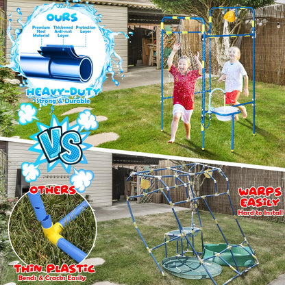 THISWUW Backyard Waterpark for Kids, Heavy-Duty Steel Water Park Sprinkler Toy Game with Splash Buckets, Collapsible Wash Basin & Water Faucets, Water Play Activities Outdoor Summer Toys