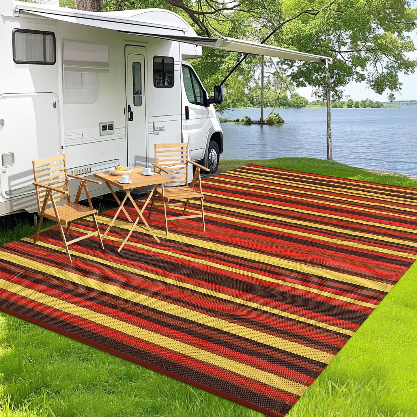 Garvee Outdoor Rug 9x18 Waterproof Outside Carpet for Patio, Reversible Modern Colorful Stripe RV Rug, Durable UV Resistant Deck Mat for Poolside Garden Backyard Balcony