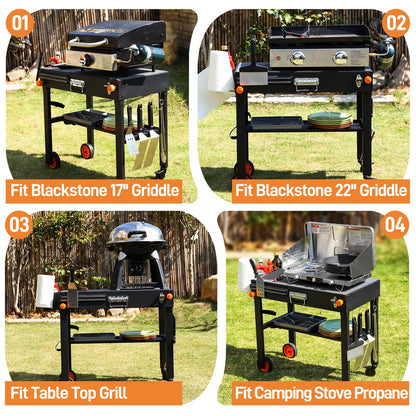 Outdoor Grill Table for Blackstone Griddle 17/22 inch, Blackstone Griddle Stand with Caddy, Folding Grill Cart for Ninja Grills, Movable Food Prep Cart with Wheels for Tailgating, Camping etc.