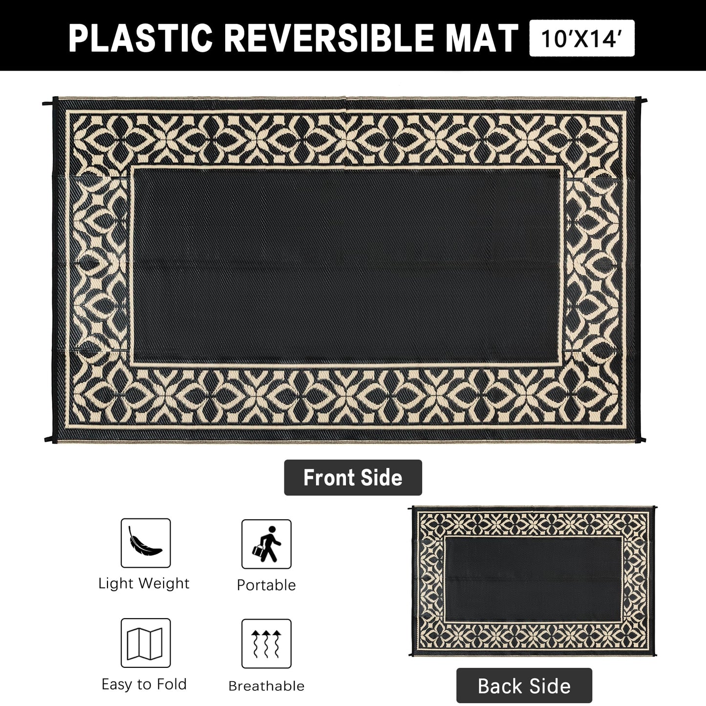 PureCozy Outdoor Plastic Straw Rug Black Beige Large Outside Waterproof Outdoor Patio 10x14 Carpet Geometric Reversible Mat Modern for Camping RV Porch Deck Balcony Beach
