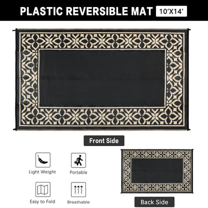 PureCozy Outdoor Plastic Straw Rug Black Beige Large Outside Waterproof Outdoor Patio 10x14 Carpet Geometric Reversible Mat Modern for Camping RV Porch Deck Balcony Beach