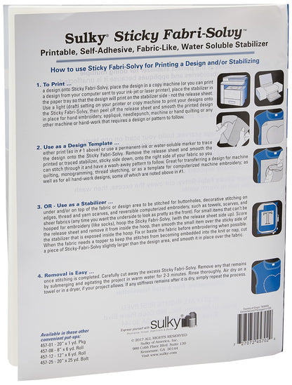 Sulky Sticky Fabri-Solvy Stabilizer 8.5"X11" 12/Pkg