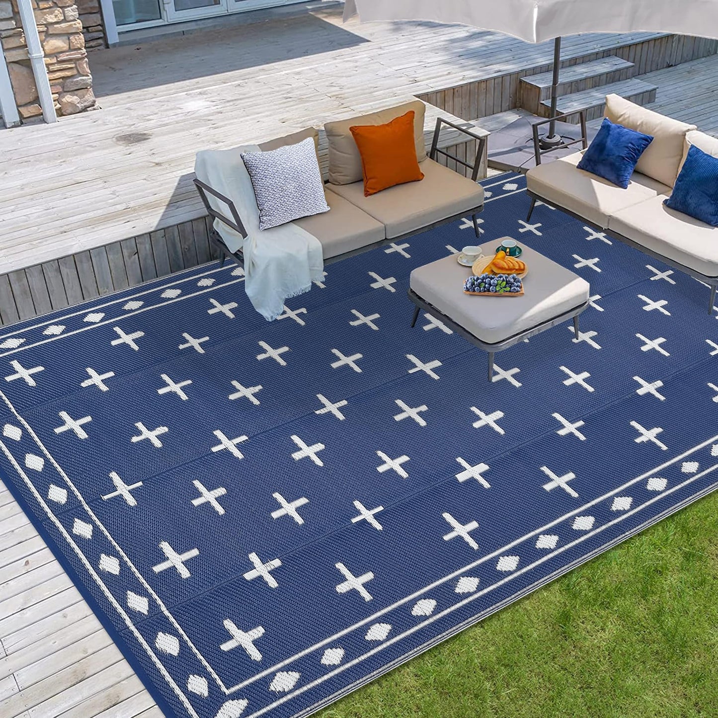 Garvee Large 9x18 Outdoor Area Rug, Waterproof Plastic Straw Mat with Framed Geometric Design for RV Awning, Patio, Deck, Garden, Camping, Beach and Backyard,Dark Blue