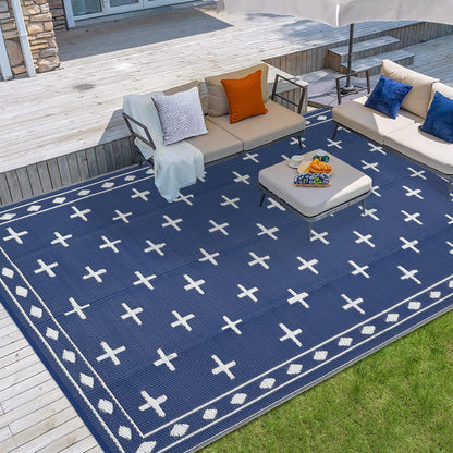 Garvee Large 9x18 Outdoor Area Rug, Waterproof Plastic Straw Mat with Framed Geometric Design for RV Awning, Patio, Deck, Garden, Camping, Beach and Backyard,Dark Blue