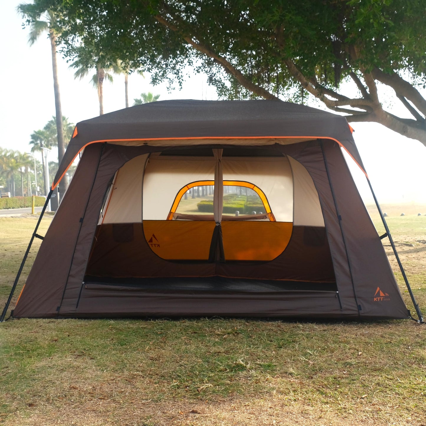 KTT Extra Large Tent 12 Person,Family Cabin Tents,2 Rooms,3 Doors and 3 Windows with Mesh,Straight Wall,Waterproof,Double Layer,Big Tent for Outdoor,Picnic,Camping,Family Gathering(Brown)