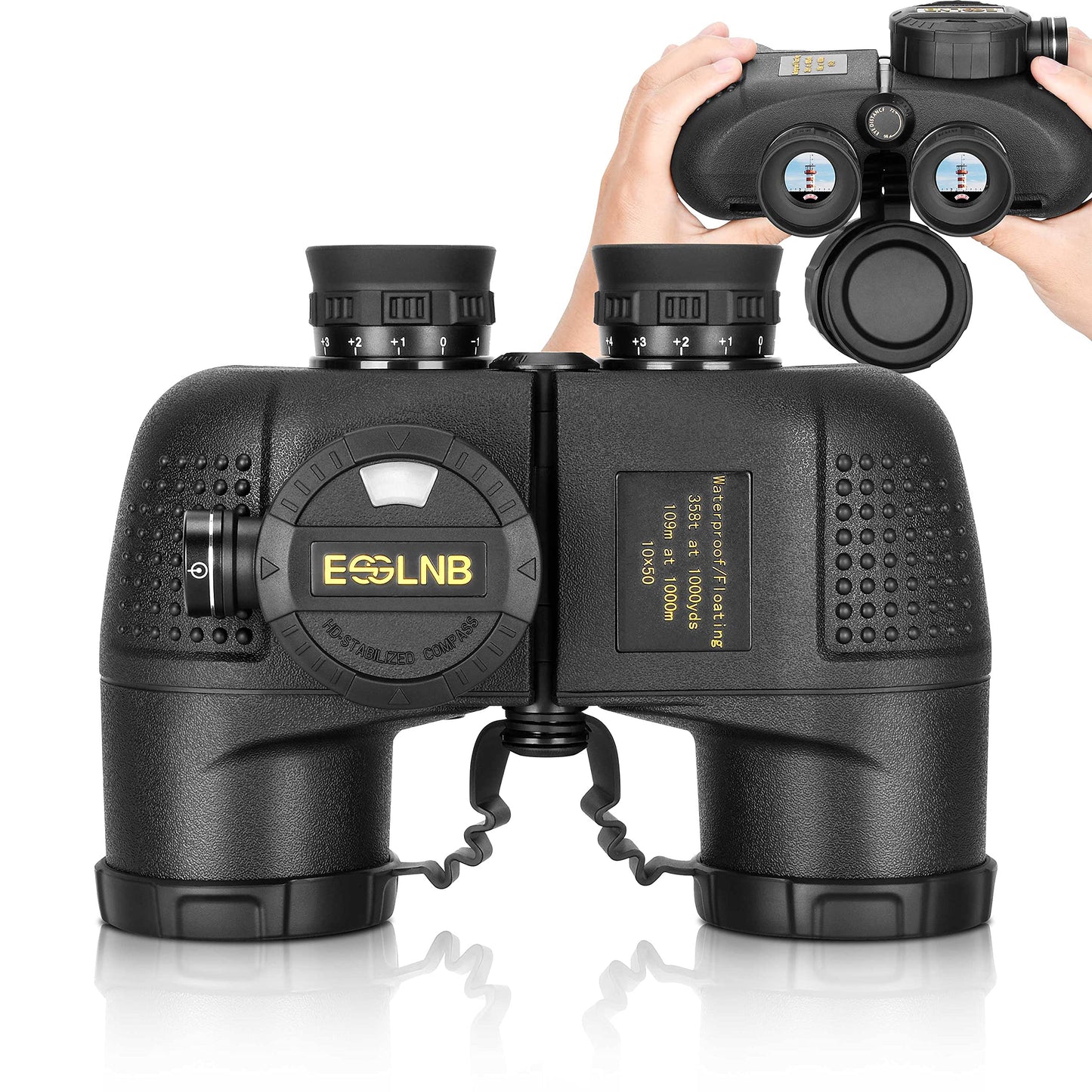 ESSLNB 10X50 Marine Binoculars with Illuminated Rangefinder, Compass, IPX7 Waterproof, BAK4 Prisms, for Navigation, Hunting, Includes Strap and Carrying Bag