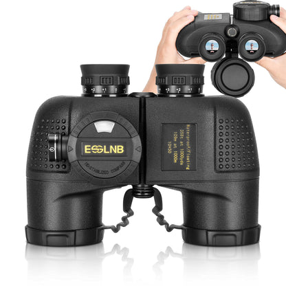 ESSLNB 10X50 Marine Binoculars with Illuminated Rangefinder, Compass, IPX7 Waterproof, BAK4 Prisms, for Navigation, Hunting, Includes Strap and Carrying Bag