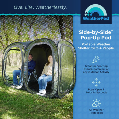 WeatherPod® Side-by-Side™ 2-4 Person Pop-Up Sports Tent Pod - The Original Shark Tank Instant Setup All-Weather Pod Shelter for Outdoor Sports, Rain, Wind & Cold