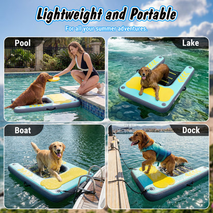 Dog Ramp for Pool & Lake, Inflatable Water Platform 60'' x 40'' Floating Dock for Pets Up to 240 lbs, Non-Slip EVA Surface with Ladder, Boat & Dock Access for Swimming and Outdoor Use
