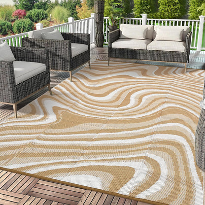 MilleLoom 10x20 Large Outdoor Patio Rug Modern Abstarct Plastic Straw Outdoor Rugs Waterproof Foldable UV Resistant Camping Reversible Mats for Deck, Camper, Balcony, Beach, Rv，Brown/Coffee/White