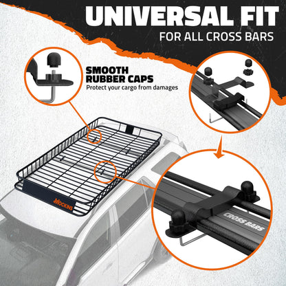 Mockins 90"x50"x6" XXL Heavy Duty Roof Rack Cargo Carrier for Top of Vehicle Storage | 250 Lbs. Cap Steel Car Roof Basket Set w/Straps | All-Weather Rooftop Cargo Carrier for SUV, RV & Large Vehicles