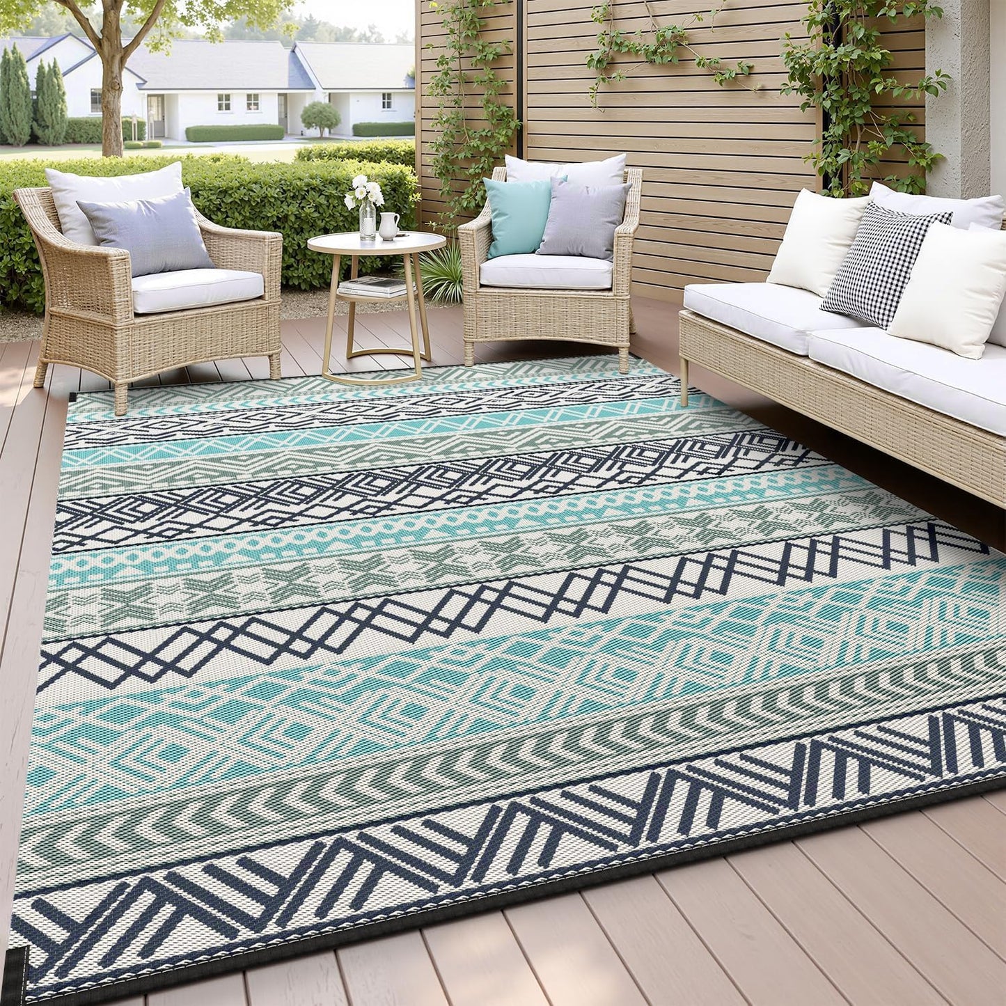 MontVoo Outdoor Rug Carpet Waterproof-Patio Rug Mat 10x14 Reversible RV Outdoor Camping Rugs Picnic Beach Mats Plastic Straw Outside Rugs for Balcony Porch Pool Deck Boho Patio Decor